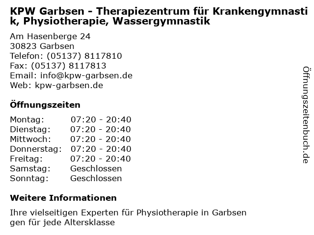 KPW Garbsen - Therapiezentrum für Krankengymnastik, Physiotherapie, Wassergymnastik in Garbsen: Adresse und Öffnungszeiten