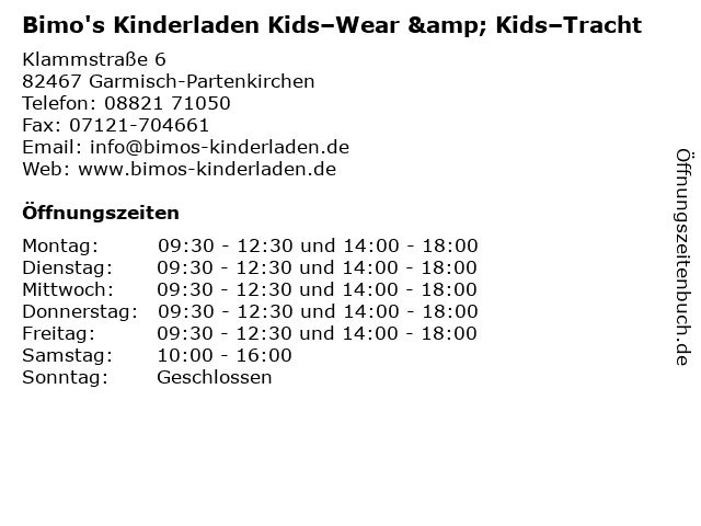 Bimo's Kinderladen Kids–Wear & Kids–Tracht in Garmisch-Partenkirchen: Adresse und Öffnungszeiten