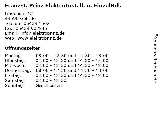 Franz-J. Prinz ElektroInstall. u. EinzelHdl. in Gehrde: Adresse und Öffnungszeiten