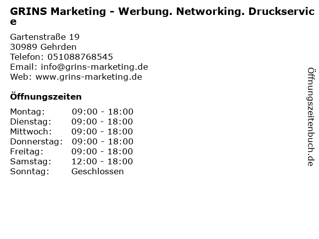 GRINS Marketing - Werbung. Networking. Druckservice in Gehrden: Adresse und Öffnungszeiten