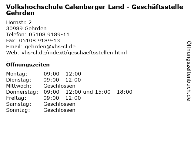 Volkshochschule Calenberger Land - Geschäftsstelle Gehrden in Gehrden: Adresse und Öffnungszeiten