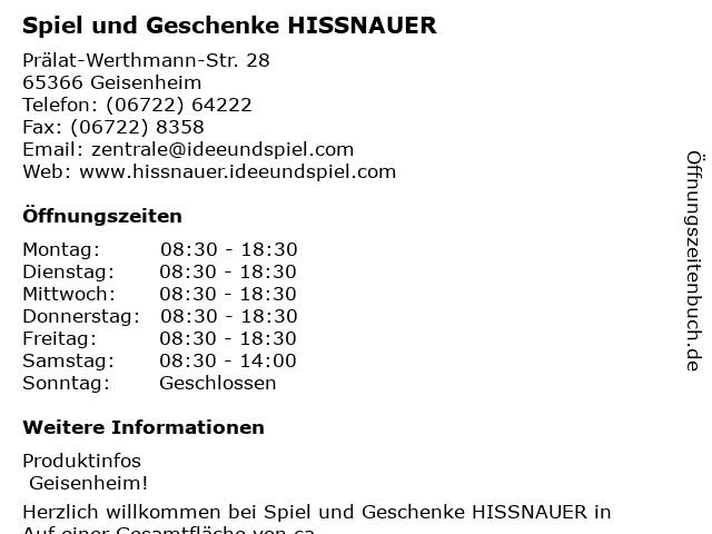 Spiel und Geschenke HISSNAUER in Geisenheim: Adresse und Öffnungszeiten