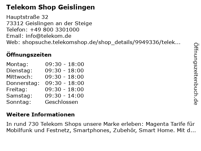 Telekom Shop Geislingen in Geislingen an der Steige: Adresse und Öffnungszeiten