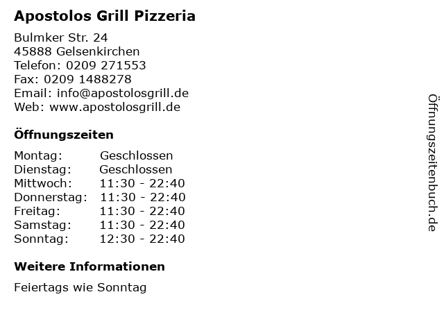Apostolos Grill Pizzeria in Gelsenkirchen: Adresse und Öffnungszeiten
