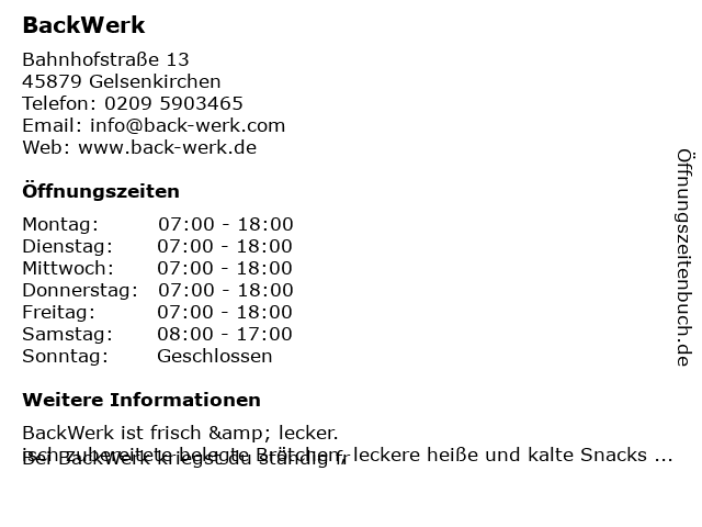 BackWerk in Gelsenkirchen: Adresse und Öffnungszeiten