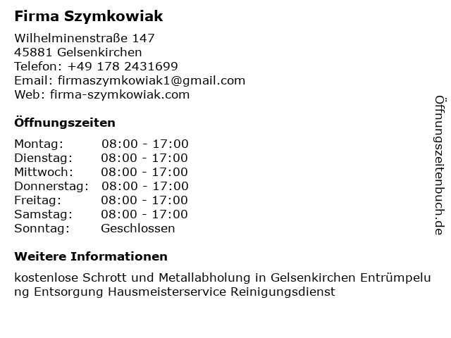 Firma Szymkowiak in Gelsenkirchen: Adresse und Öffnungszeiten