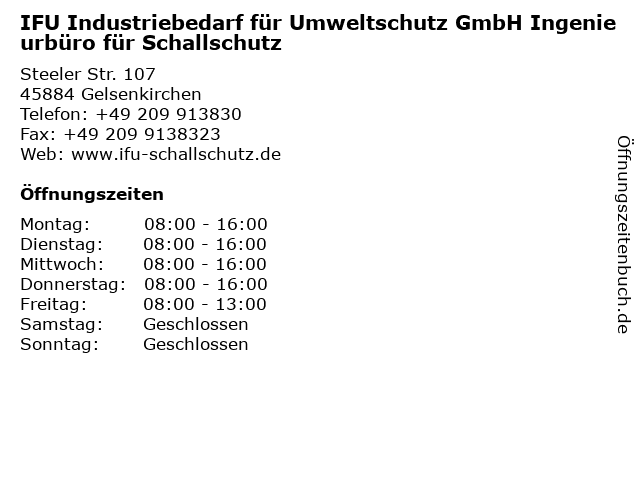 IFU Industriebedarf für Umweltschutz GmbH Ingenieurbüro für Schallschutz in Gelsenkirchen: Adresse und Öffnungszeiten