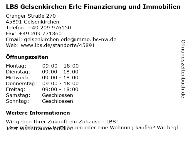 LBS Gelsenkirchen-Erle Finanzieren + Immobilien in Gelsenkirchen: Adresse und Öffnungszeiten