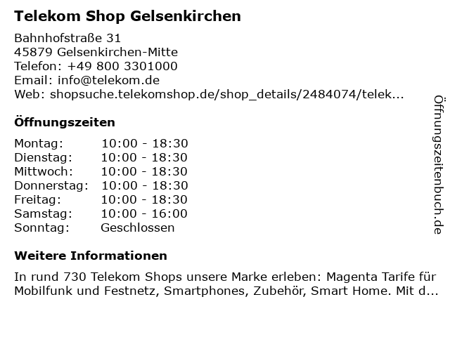 Telekom Shop Gelsenkirchen in Gelsenkirchen-Mitte: Adresse und Öffnungszeiten