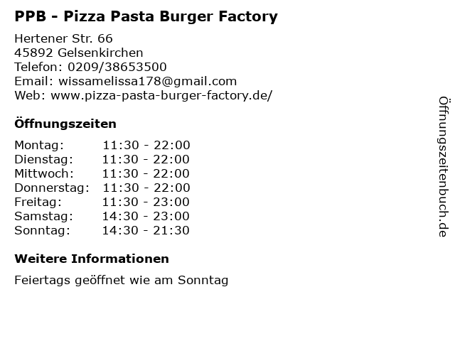 PPB - Pizza Pasta Burger Factory in Gelsenkirchen: Adresse und Öffnungszeiten