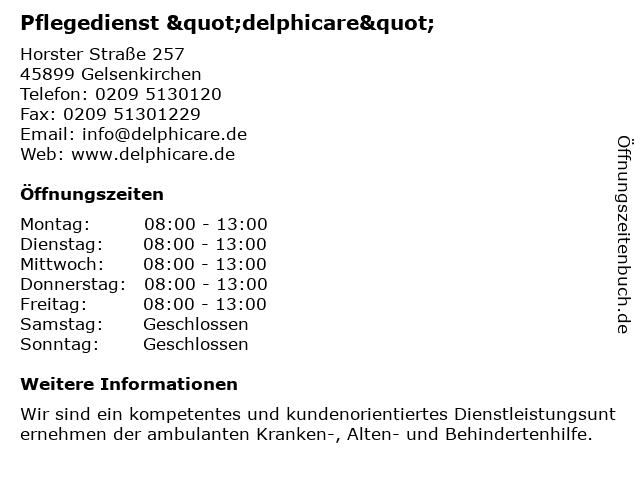 Pflegedienst "delphicare" in Gelsenkirchen: Adresse und Öffnungszeiten