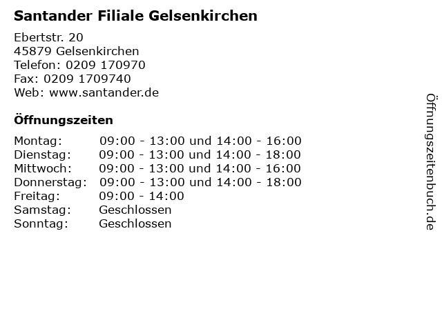 ᐅ Öffnungszeiten Santander Consumer Bank - Filiale | Ebertstr. 20 in Gelsenkirchen