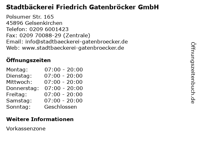 Stadtbäckerei Friedrich Gatenbröcker GmbH in Gelsenkirchen: Adresse und Öffnungszeiten