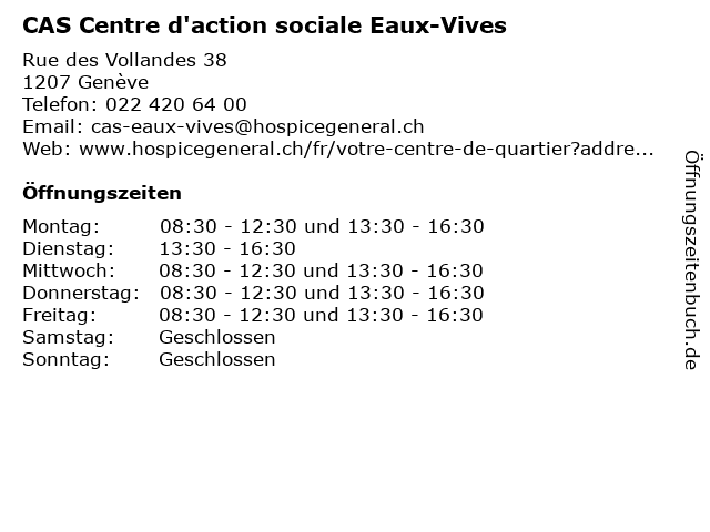 CAS Centre d'action sociale Eaux-Vives in Genève: Adresse und Öffnungszeiten