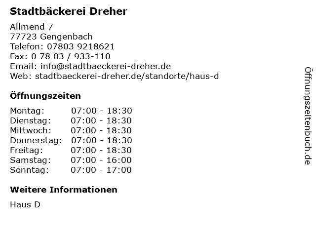 ᐅ Offnungszeiten Backerei Dreher Haus D Allmend 7 In Gengenbach
