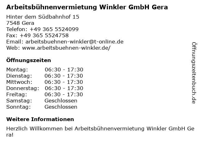 Arbeitsbühnenvermietung Winkler GmbH Gera in Gera: Adresse und Öffnungszeiten
