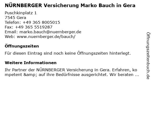 NÜRNBERGER Versicherung Marko Bauch in Gera in Gera: Adresse und Öffnungszeiten