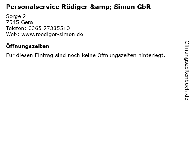 Personalservice Rödiger & Simon GbR in Gera: Adresse und Öffnungszeiten