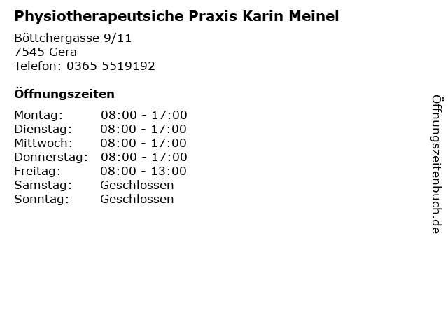 Physiotherapeutsiche Praxis Karin Meinel in Gera: Adresse und Öffnungszeiten