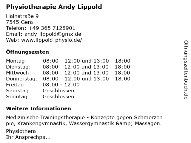 Physiotherapie Andy Lippold in Gera: Adresse und Öffnungszeiten