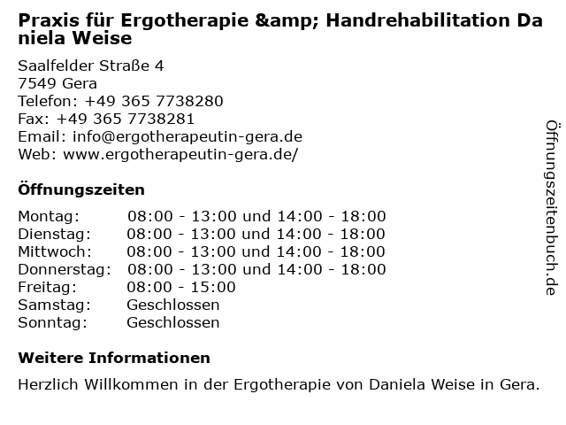 Praxis für Ergotherapie & Handrehabilitation Daniela Weise in Gera: Adresse und Öffnungszeiten