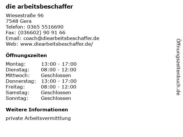 ᐅ Offnungszeiten Die Arbeitsbeschaffer Wiesestrasse 96 In Gera