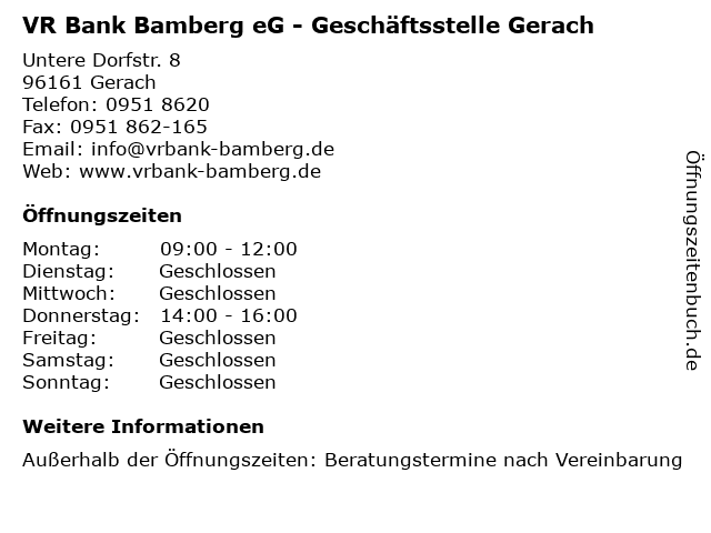 VR Bank Bamberg eG - Geschäftsstelle Gerach in Gerach: Adresse und Öffnungszeiten