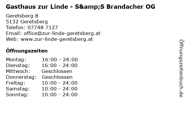 Gasthaus zur Linde - S&S Brandacher OG in Geretsberg: Adresse und Öffnungszeiten