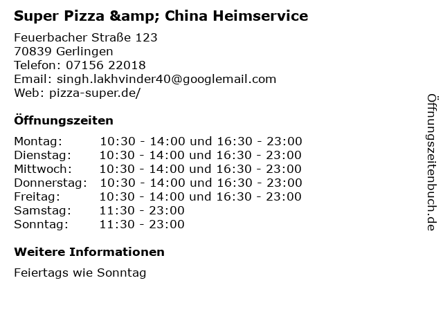 Super Pizza & China Heimservice in Gerlingen: Adresse und Öffnungszeiten