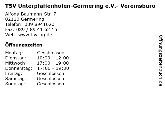 TSV Unterpfaffenhofen-Germering e.V.- Vereinsbüro in Germering: Adresse und Öffnungszeiten