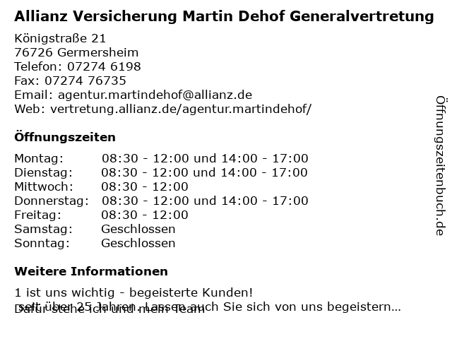 Allianz Versicherung Martin Dehof Generalvertretung in Germersheim: Adresse und Öffnungszeiten