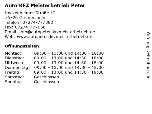 Auto KFZ Meisterbetrieb Peter in Germersheim: Adresse und Öffnungszeiten