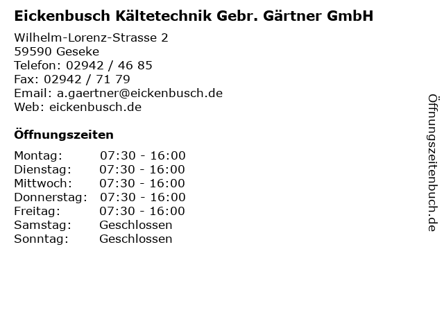 Eickenbusch Kältetechnik Gebr. Gärtner GmbH in Geseke: Adresse und Öffnungszeiten