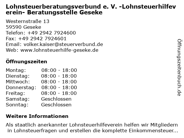 Lohnsteuerberatungsverbund e. V. -Lohnsteuerhilfeverein- Beratungsstelle Geseke in Geseke: Adresse und Öffnungszeiten