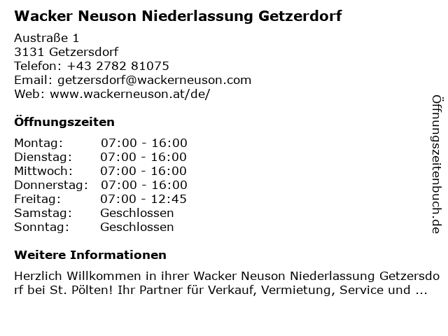 Wacker Neuson Niederlassung Getzerdorf in Getzersdorf: Adresse und Öffnungszeiten