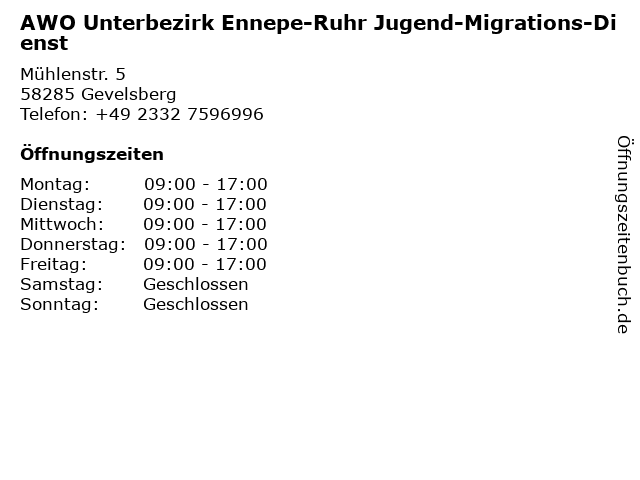 AWO Unterbezirk Ennepe-Ruhr Jugend-Migrations-Dienst in Gevelsberg: Adresse und Öffnungszeiten