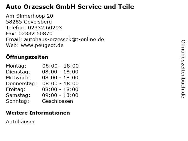 Auto Orzessek GmbH Service und Teile in Gevelsberg: Adresse und Öffnungszeiten