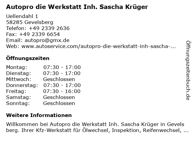 Autopro die Werkstatt Inh. Sascha Krüger in Gevelsberg: Adresse und Öffnungszeiten