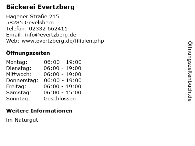 Bäckerei Evertzberg in Gevelsberg: Adresse und Öffnungszeiten