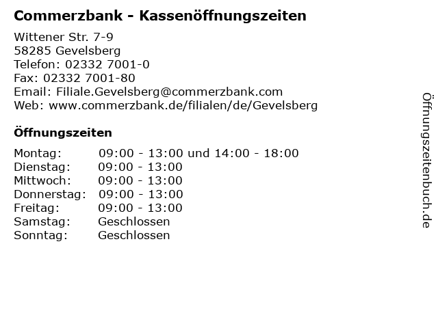 Commerzbank - Kassenöffnungszeiten in Gevelsberg: Adresse und Öffnungszeiten