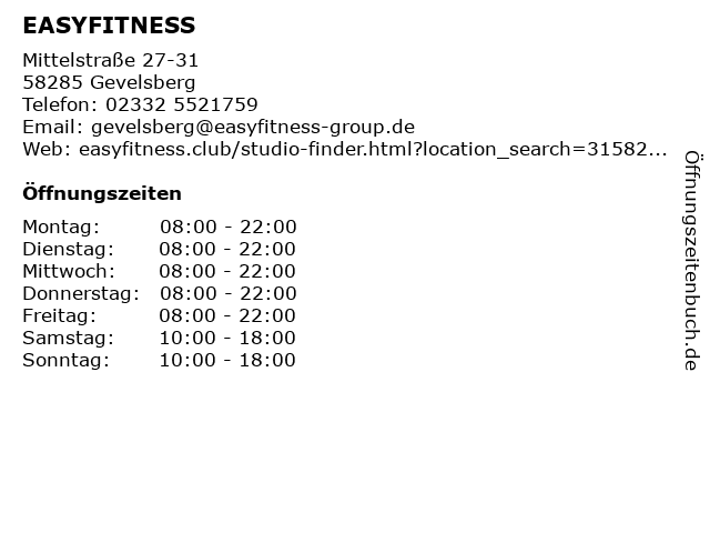 EASYFITNESS in Gevelsberg: Adresse und Öffnungszeiten