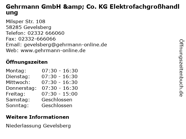 Gehrmann GmbH & Co. KG Elektrofachgroßhandlung in Gevelsberg: Adresse und Öffnungszeiten