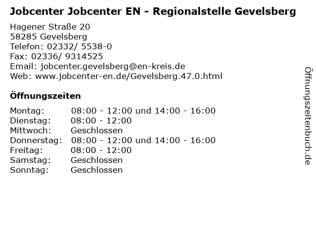 Jobcenter Jobcenter EN - Regionalstelle Gevelsberg in Gevelsberg: Adresse und Öffnungszeiten