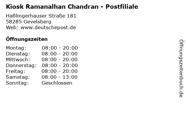Kiosk Ramanalhan Chandran - Postfiliale in Gevelsberg: Adresse und Öffnungszeiten