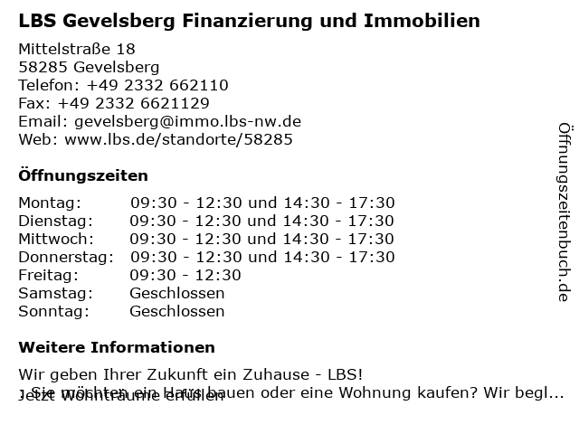 LBS Gevelsberg Finanzierung und Immobilien in Gevelsberg: Adresse und Öffnungszeiten