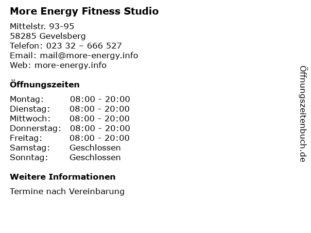 More Energy Fitness Studio in Gevelsberg: Adresse und Öffnungszeiten