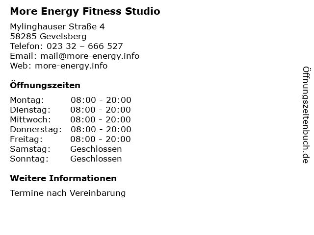 More Energy Fitness Studio in Gevelsberg: Adresse und Öffnungszeiten