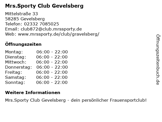 Mrs.Sporty Club Gevelsberg in Gevelsberg: Adresse und Öffnungszeiten