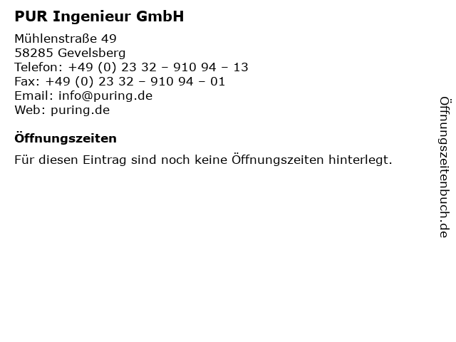PUR Ingenieur GmbH in Gevelsberg: Adresse und Öffnungszeiten