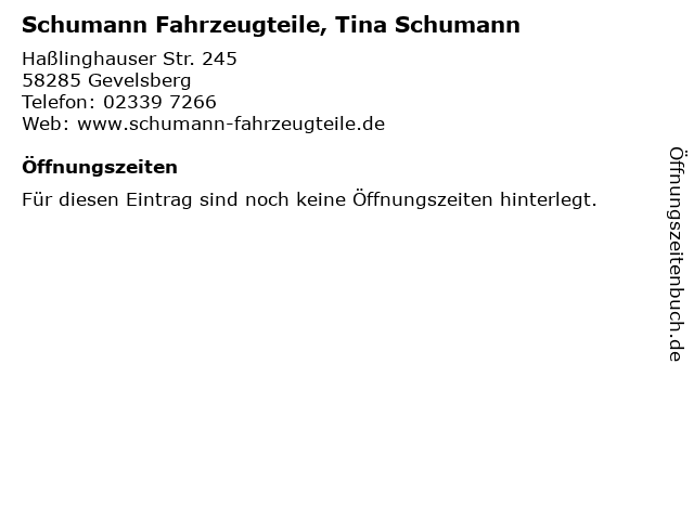 Schumann Fahrzeugteile, Tina Schumann in Gevelsberg: Adresse und Öffnungszeiten